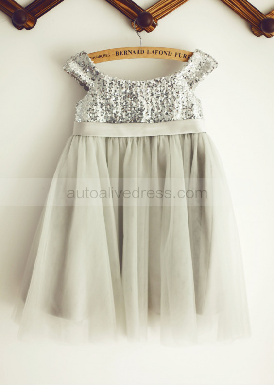 Silver Sequin Ruching Tulle Sash Flower Girl Dress